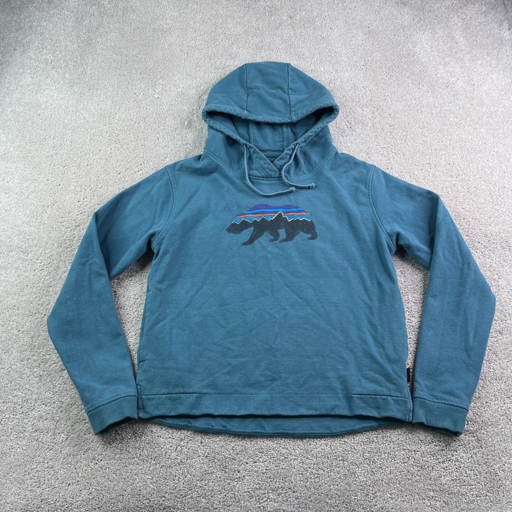 Patagonia Hoodie Womens Medium Blue Uprisal Fitz Roy Bear Graphic Sweatshirt